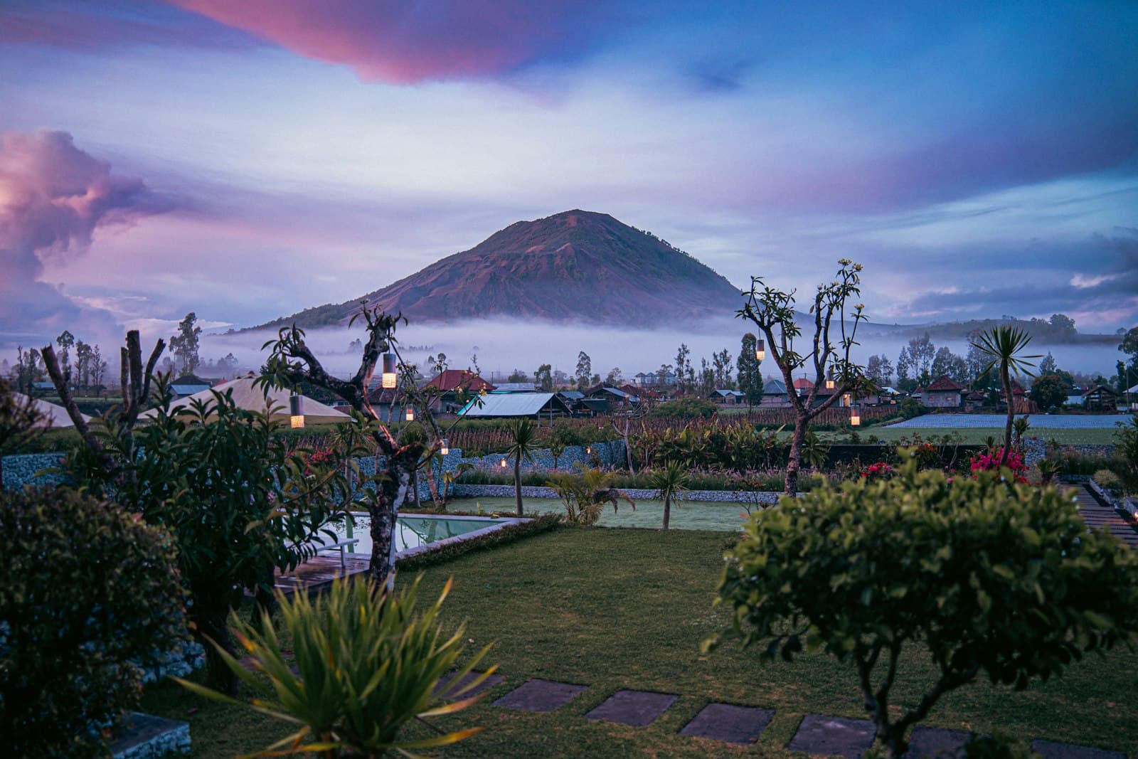 Mount Batur volcano and Lake Batur seen from the Kintamani highlands of north Bali