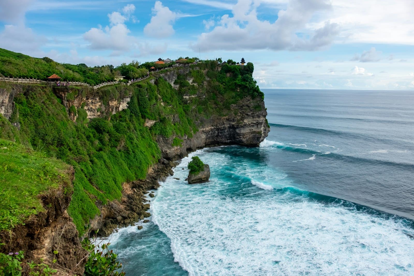 Pura Luhur Uluwatu sea temple perched on a limestone cliff above the Indian Ocean at sunset, Bali